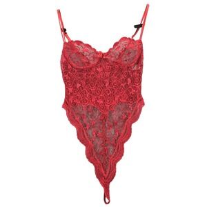 Vtg Victoria's Secret Sexy Red One Piece Lace Thong Bodysuit lingerie USA 34B
